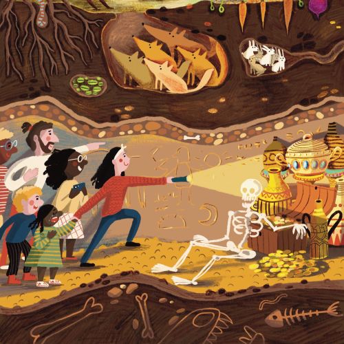 Fox, rabbit, family, underground, treasure, skeleton, forest