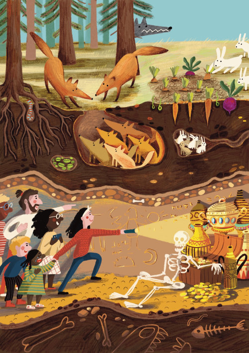 Fox, rabbit, family, underground, treasure, skeleton, forest