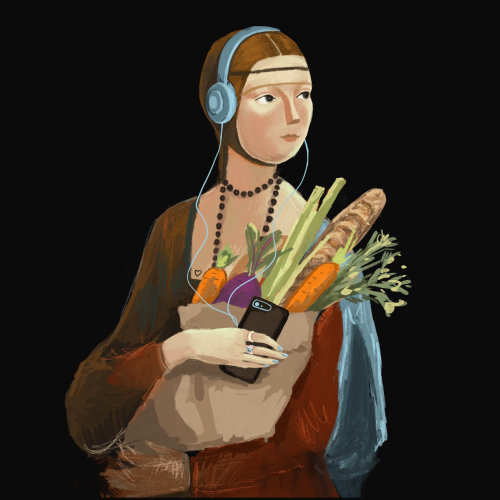 Pintura digital de uma mulher com uma sacola de vegetais