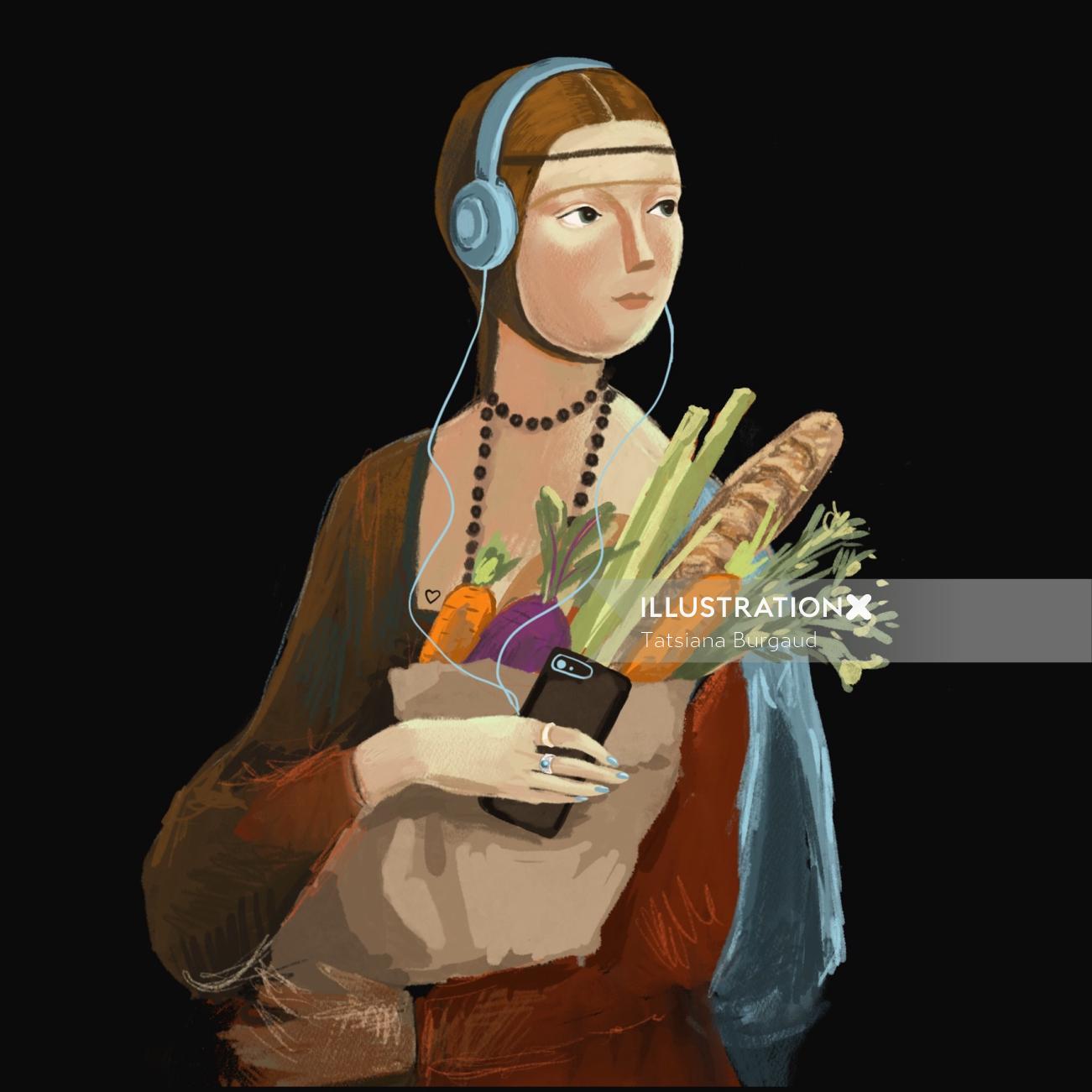 Digital painting of a woman with a Vegetable bag