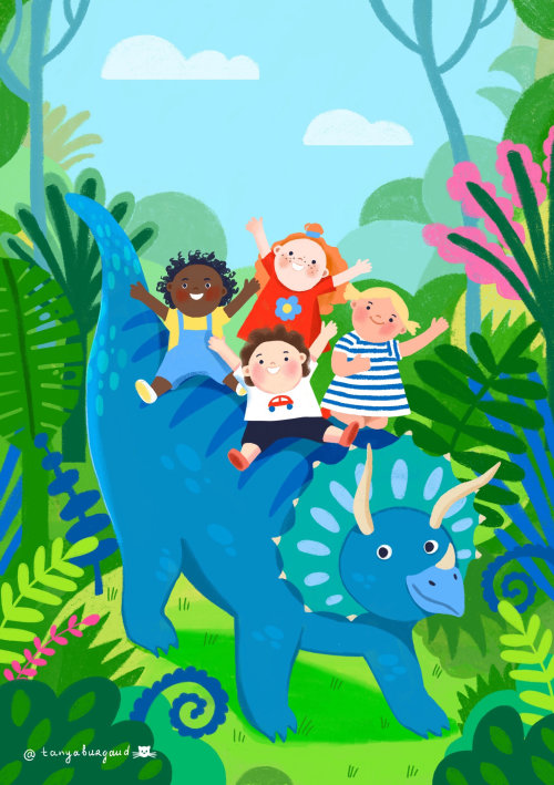 Dinosaure, jungle, enfants, livre, préhistorique, heureux, dessin animé