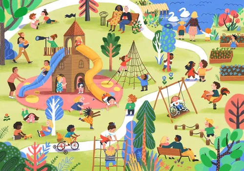 Ilustración divertida y lúdica de patio escolar