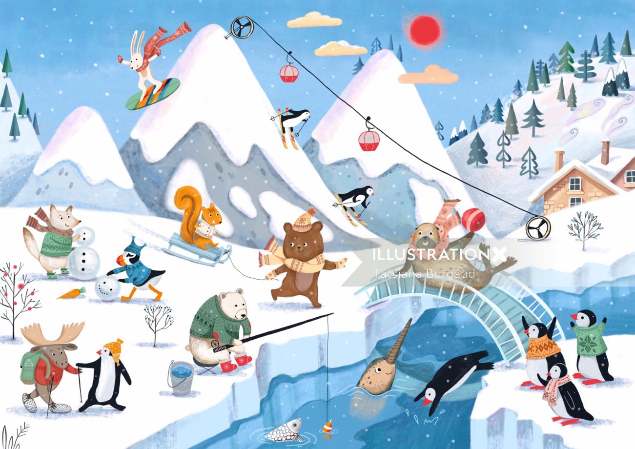 Animals, bear, deer, narwhal, mountain, sport, skiing, fox, arctic, river, glacier