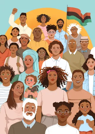 Cartoonish depiction of a Juneteenth crowd