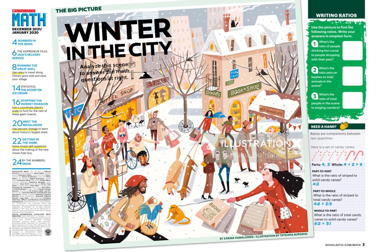 Editorial, inverno, cidade, rua, pessoas, compras, festivo, canções de natal, edifícios