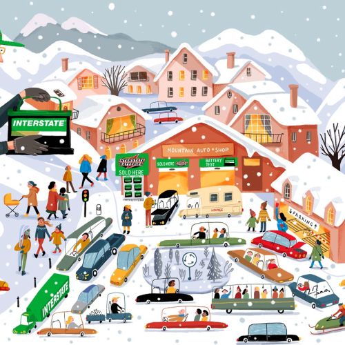 Village, winter, traffic, cars, mountains, crowd, sport