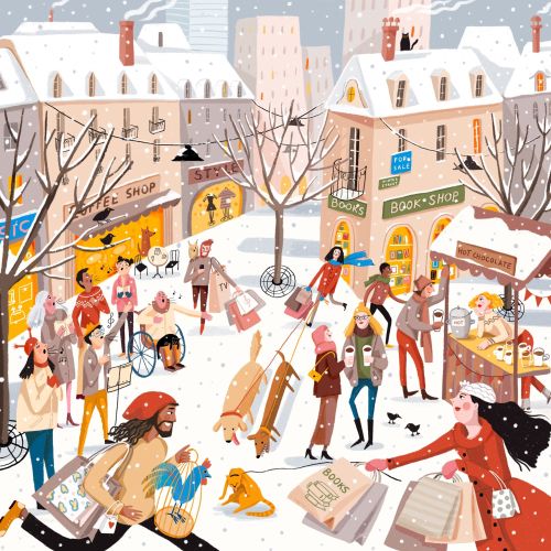 Winter city, shopping, crowd, carols, shop window, book shop, hot chocolate