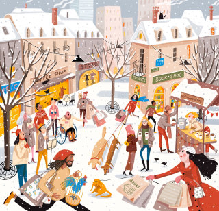 Cidade de inverno, compras, multidão, canções de natal, vitrine, livraria, chocolate quente