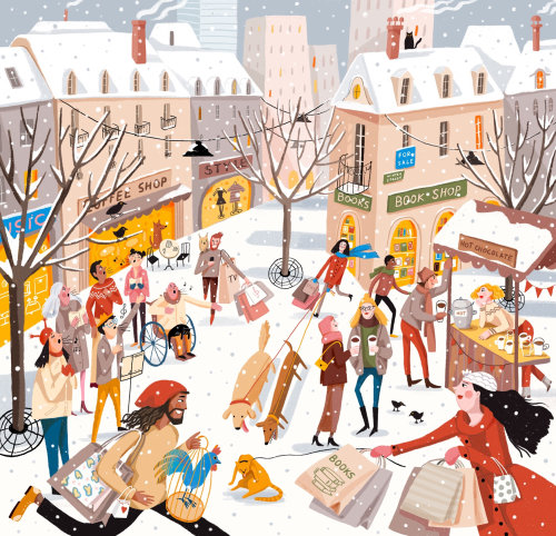 冬天的城市，购物，人群，颂歌，商店橱窗，书店，热巧克力