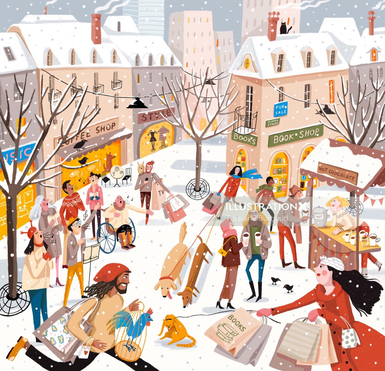 Cidade de inverno, compras, multidão, canções de natal, vitrine, livraria, chocolate quente