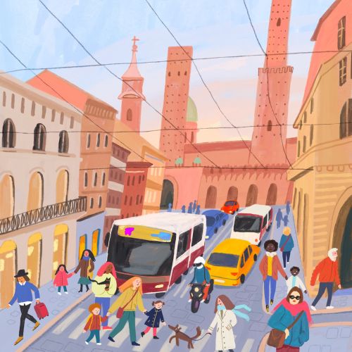 Street scene illustration of Bologna, Italy