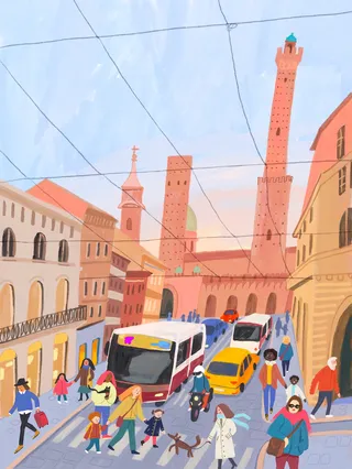 Street scene illustration of Bologna, Italy