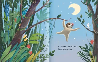 A sloth climbing tree branches under moonlight by Tatsiana Burgaud