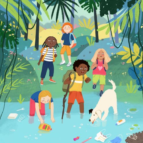 Children and dog near polluted jungle stream, artwork by Tatsiana Burgaud