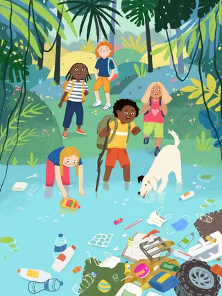 Children and dog near polluted jungle stream, artwork by Tatsiana Burgaud
