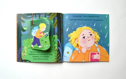 Illustration of Goldilocks looking for bears and feeling sad indoors