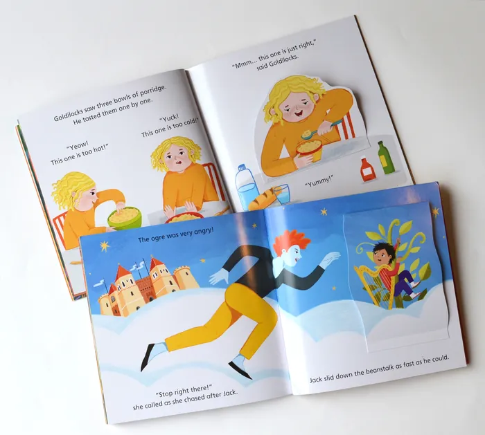 Open illustrated children's books with colorful story scenes