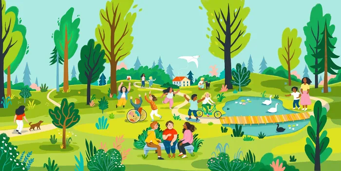 People enjoying a park with trees and pond on World Obesity Day