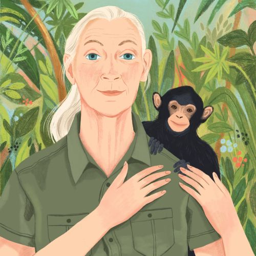 Cartoon-style portrait depicting Jane Goodall