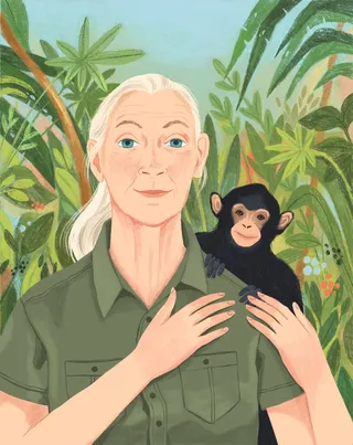 Cartoon-style portrait depicting Jane Goodall