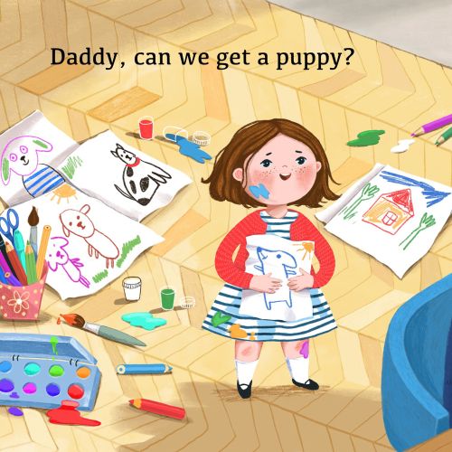 Little girl asking father for a puppy while he works at desk