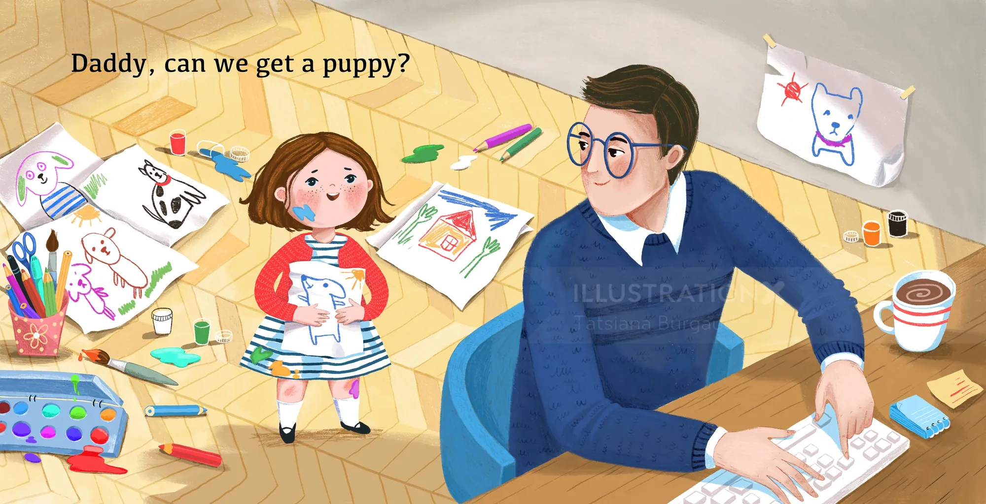 Little girl asking father for a puppy while he works at desk