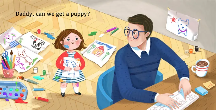 Little girl asking father for a puppy while he works at desk
