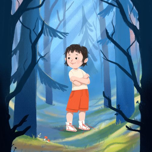 Little boy standing confidently in a dark forest path