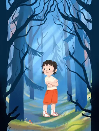 Little boy standing confidently in a dark forest path