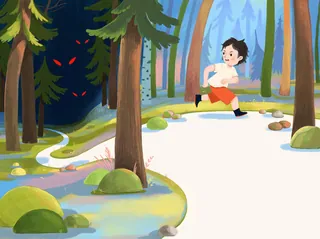 Boy running along a forest path surrounded by trees and rocks