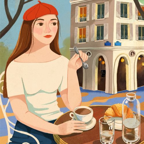 Woman in red beret enjoying coffee and croissant at outdoor cafe
