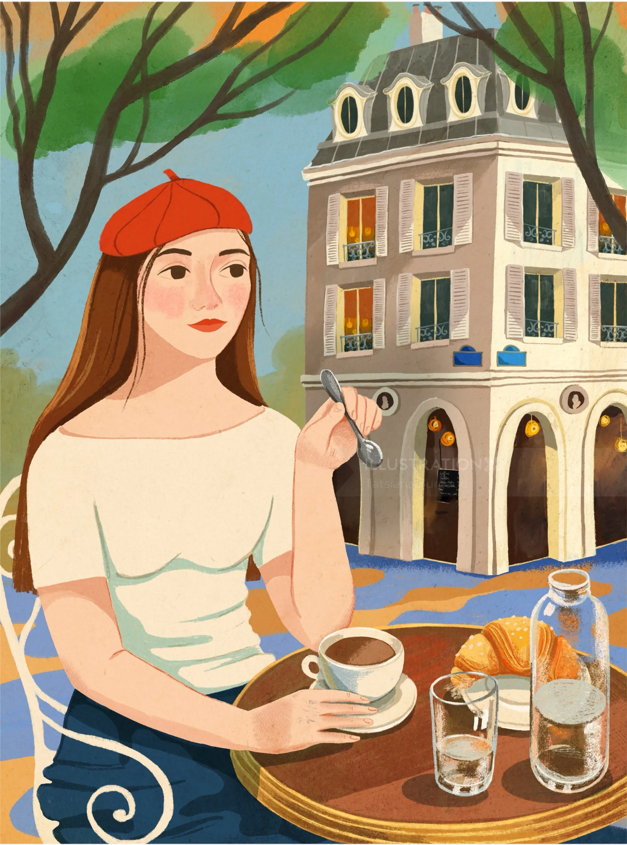 Woman in red beret enjoying coffee and croissant at outdoor cafe