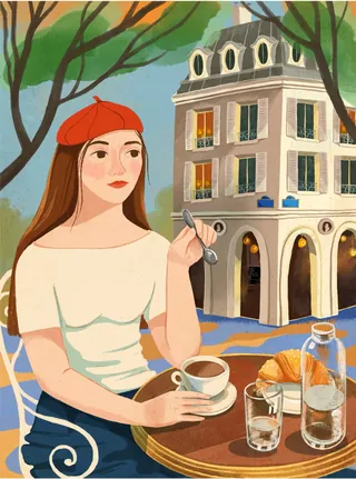 Woman in red beret enjoying coffee and croissant at outdoor cafe