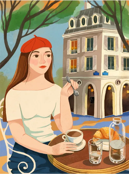 Woman in red beret enjoying coffee and croissant at outdoor cafe