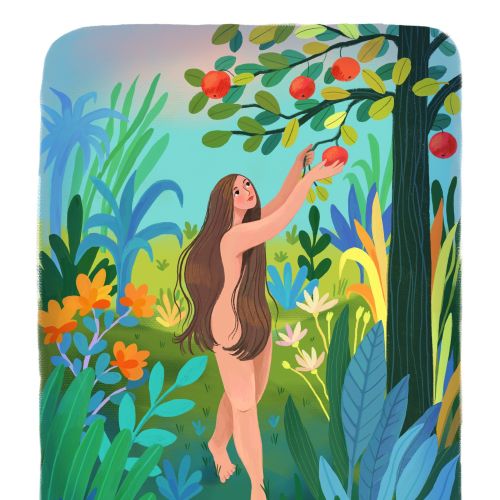 Illustration of Eve reaching for fruit from a tree in a lush garden