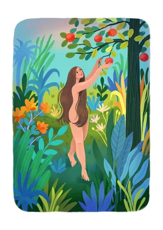 Illustration of Eve reaching for fruit from a tree in a lush garden