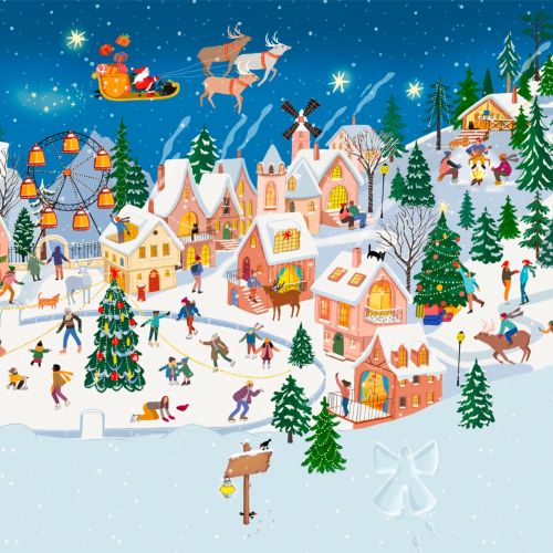 Winter village scene with snow, houses, skaters, and Santa's sleigh