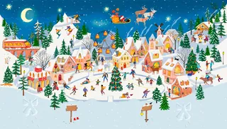 Winter village scene with snow, houses, skaters, and Santa's sleigh