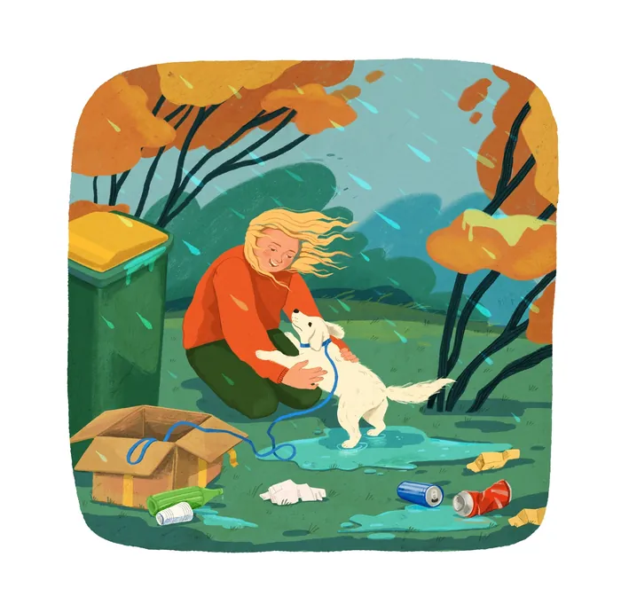 Person joyfully reuniting with dog in autumn park