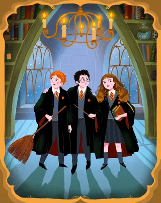 Three young wizards in robes holding wands and broomsticks indoors
