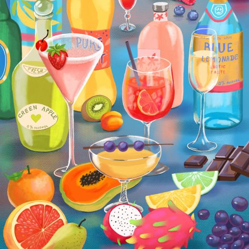 Colorful cocktail party drinks with fruits and chocolates