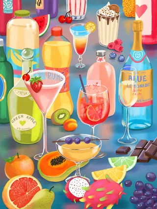 Colorful cocktail party drinks with fruits and chocolates