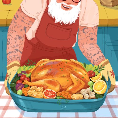 Elderly man with tattoos cooking a roasted turkey with vegetables