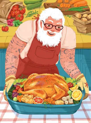Elderly man with tattoos cooking a roasted turkey with vegetables