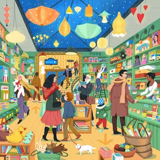 Festive toy store scene with shoppers, colorful toys, and hanging lights