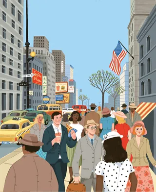 Busy city street with pedestrians and buildings under clear sky