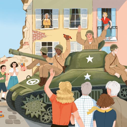 Soldiers in tank are greeted by cheering civilians in wartime town