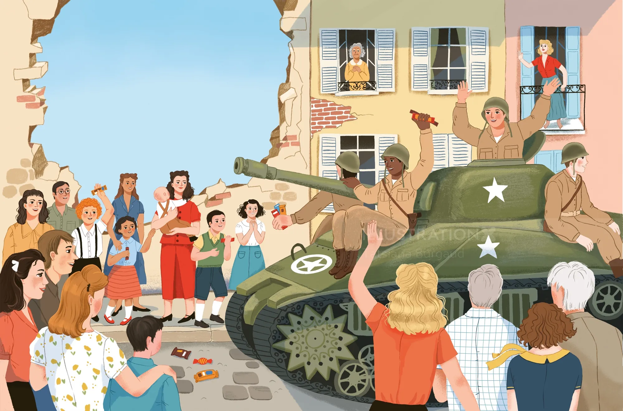 Soldiers in tank are greeted by cheering civilians in wartime town