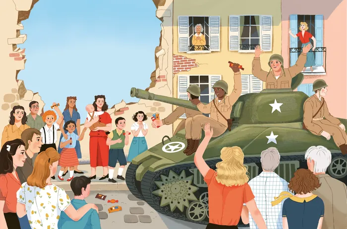 Soldiers in tank are greeted by cheering civilians in wartime town