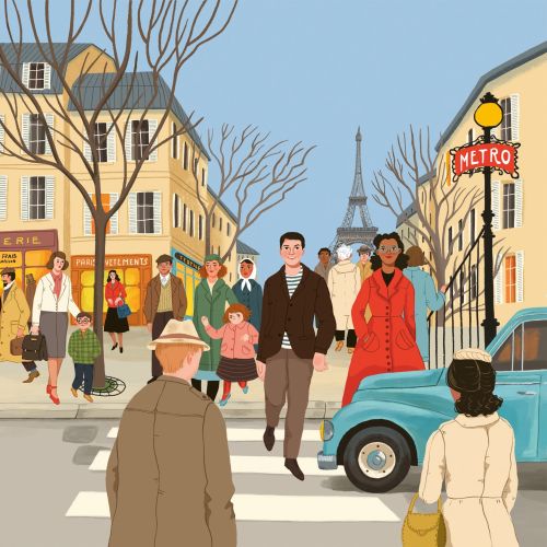 Illustration of people crossing a Paris street near Eiffel Tower